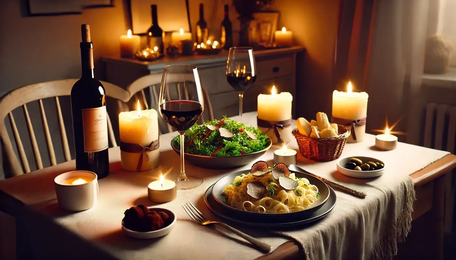 Romantisches Dinner zuhause mit Rotwein und Kerzenlicht